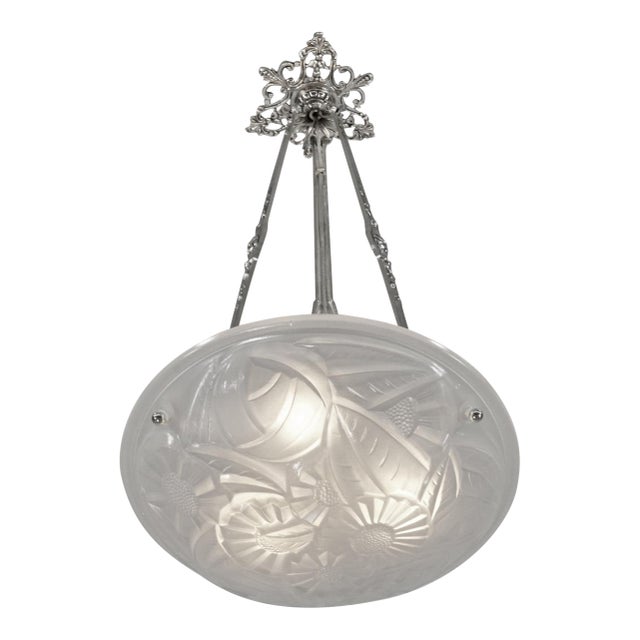 Degue French Art Deco Pendant Chandelier Circa 1930 - Frosted Glass & Nickeled Bronze For Sale