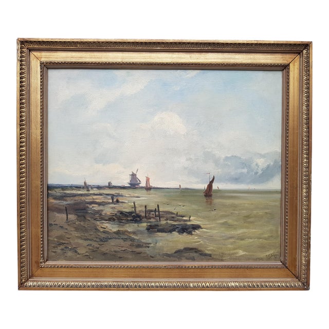Delpy Hippolyte-Camille - Sailboats in Holland - Oil on Canvas Painting - Circa 1860 For Sale