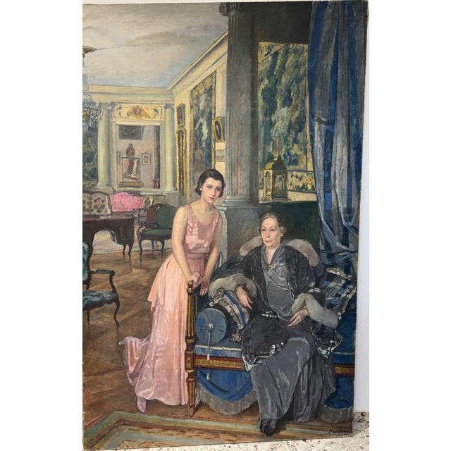 A magnificent and highly decorative double portrait set in a luxurious Italian salon. A young woman in a shimmering pink...