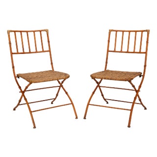 Mid Century Pair of French Iron Faux Bamboo & Wicker Folding Chairs - A Pair For Sale