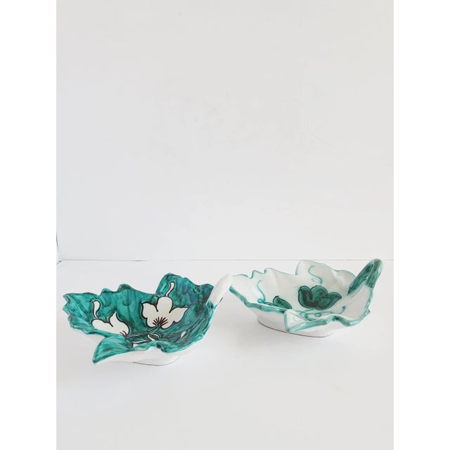 Italian Vintage Italian Handpainted Ceramic Leaf Dishes-A Pair For Sale - Image 3 of 12