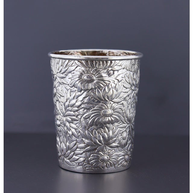 Antique Signed Wang Hing Chinese Export Silver Floral Repousse Cup or Beaker For Sale In Philadelphia - Image 6 of 15