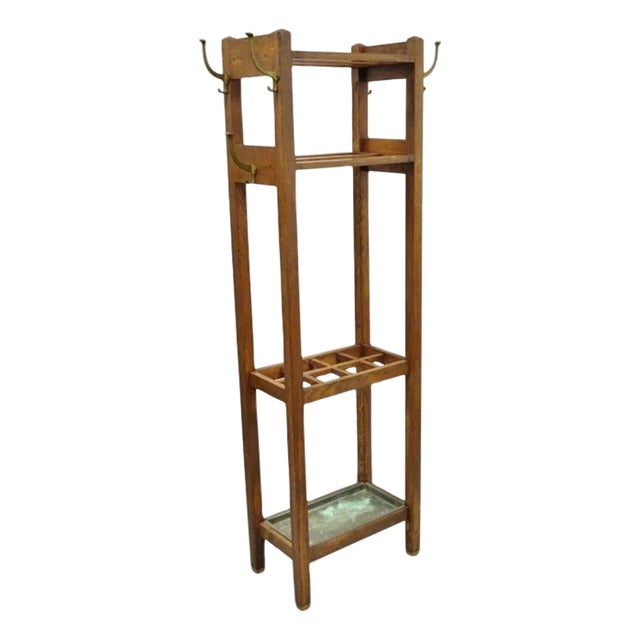Antique Mission Arts & Crafts Oak Wood Coat Hook Hall Tree Umbrella Stand For Sale