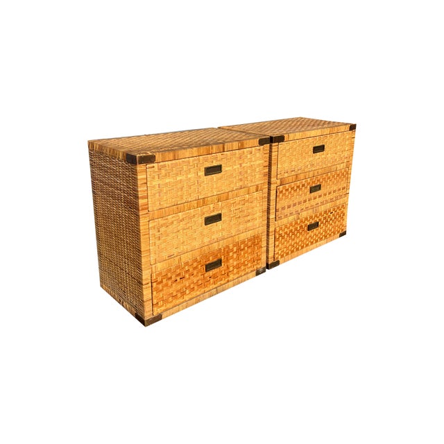 Campaign Vintage Wicker Rattan Pair of Chest of Drawers Dressers With Brass Campaign Style Hardware For Sale - Image 3 of 13
