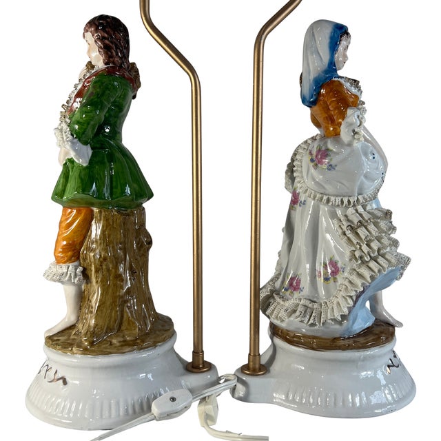 Vintage Porcelain Figural Lamp Young Man & Woman- A Pair For Sale - Image 13 of 16