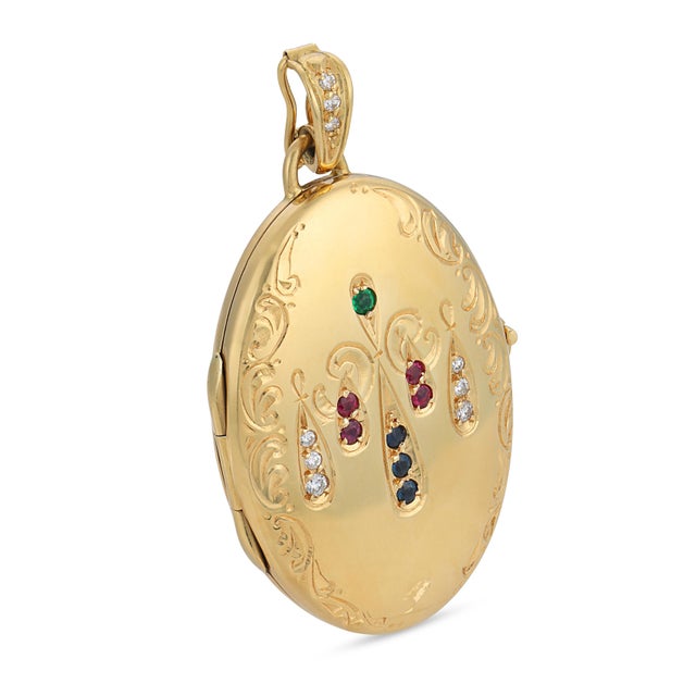 Contemporary Vintage Diamond Emerald Ruby Sapphire 18k Yellow Gold Locket Pendant For Sale - Image 3 of 6