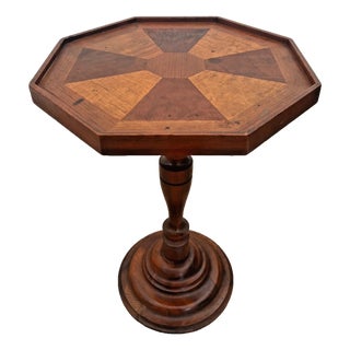 Antique Inlaid Octagonal Wood Accent Table Geometric Iron Cross Marquetry Top For Sale