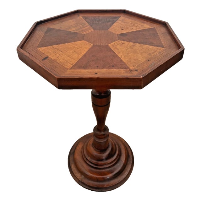 Antique Inlaid Octagonal Wood Accent Table Geometric Iron Cross Marquetry Top For Sale