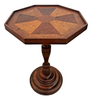 Antique Inlaid Octagonal Wood Accent Table Geometric Iron Cross Marquetry Top