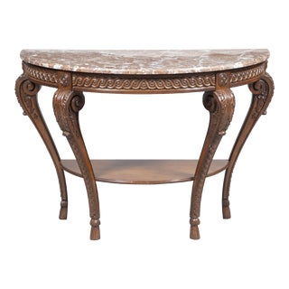 Louis XVI Style Walnut Framed Marble Top Demilune Console Table For Sale