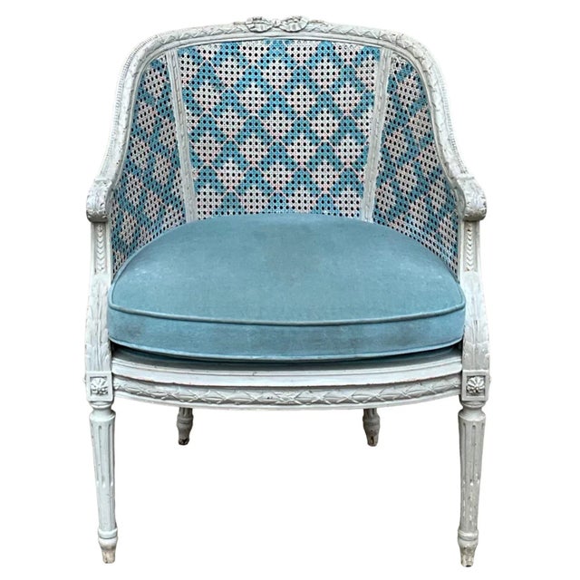 Wood Mid-Century French Provincial Style Hand Painted Blue / White / Pink Caned Chair For Sale - Image 7 of 9