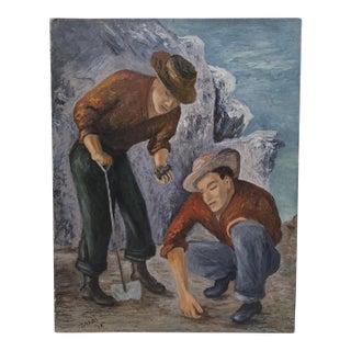Mid-Century Figurative Oil Painting of Quarry Workers — Attributed to Onni Saari (1920–1992), 1958 For Sale