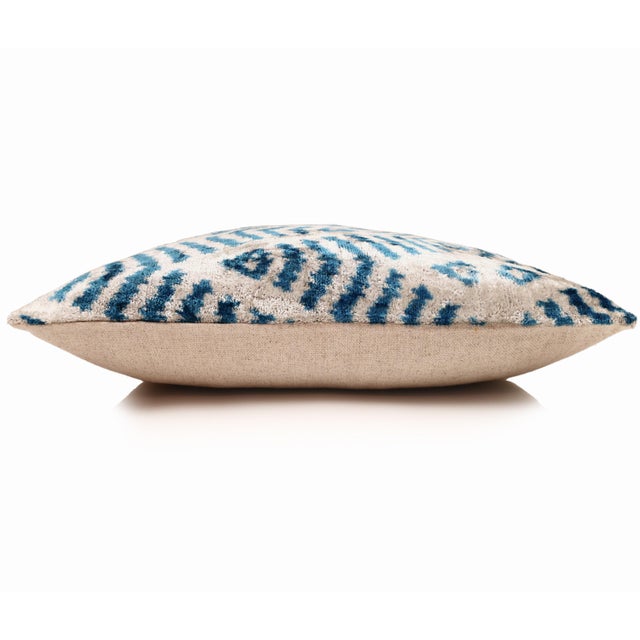 Textile Handmade Blue Ikat Silk Velvet Pillow 20x20 | Designer Accent Cushion For Sale - Image 7 of 8