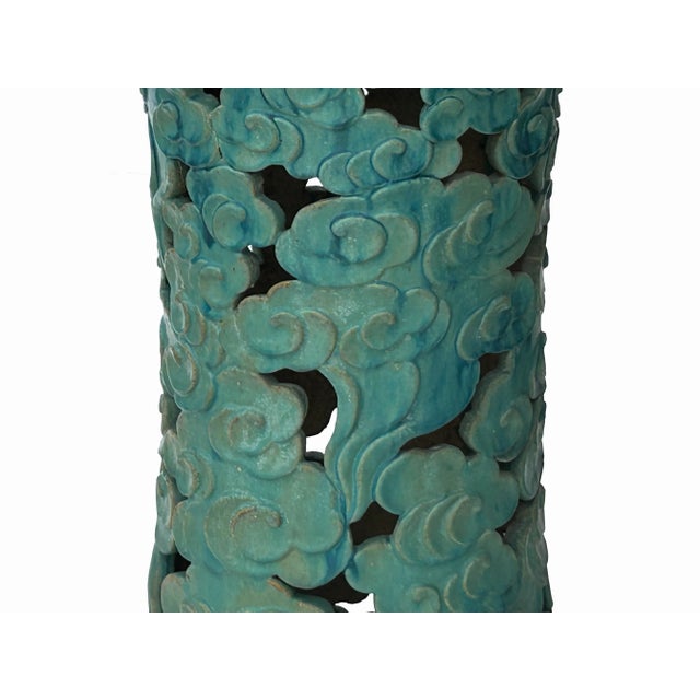 1970s Ceramic Clay Turquoise Cloud Scroll Round Tall Pedestal Table Display Stand For Sale - Image 5 of 8