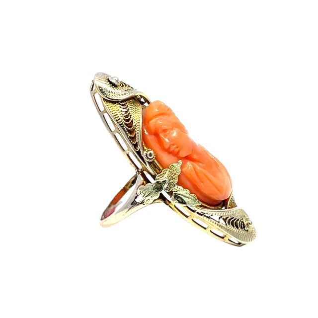 Vintage 10k Yellow Gold Coral Cameo Ring, Size 3.25 For Sale - Image 4 of 4