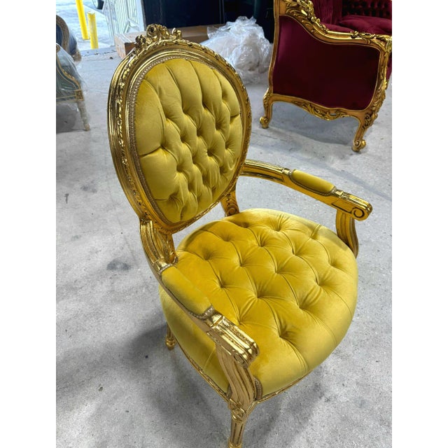2020s Baroque Golden Yellow Velvet Chair Set With Exquisite Gold Leaf Details For Sale - Image 5 of 6