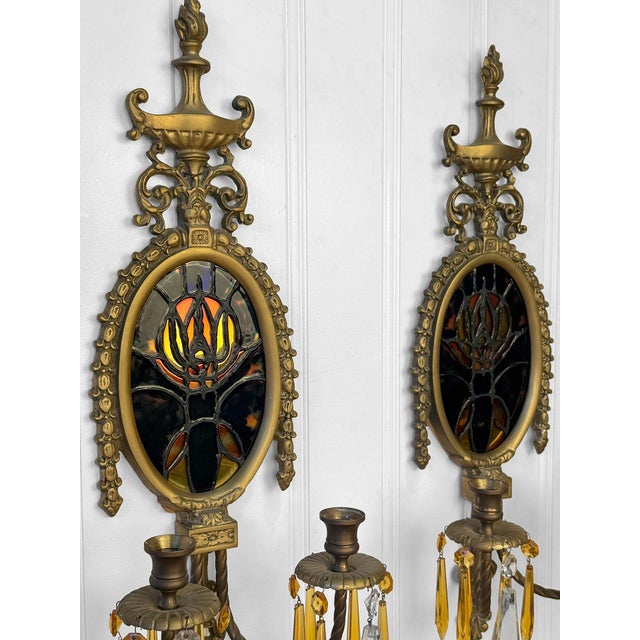 Brass Antique Empire Brass & Stained Glass Crystal Prism Candle Wall Sconces - A Pair For Sale - Image 8 of 11