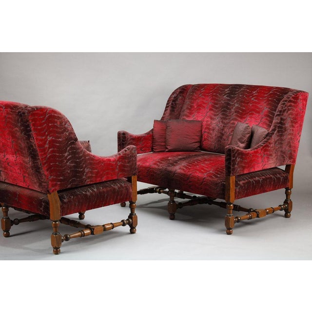 Large Louis XIII Sofas in Burgundy Red Velvet, 1900s, Set of 2 For Sale - Image 4 of 17