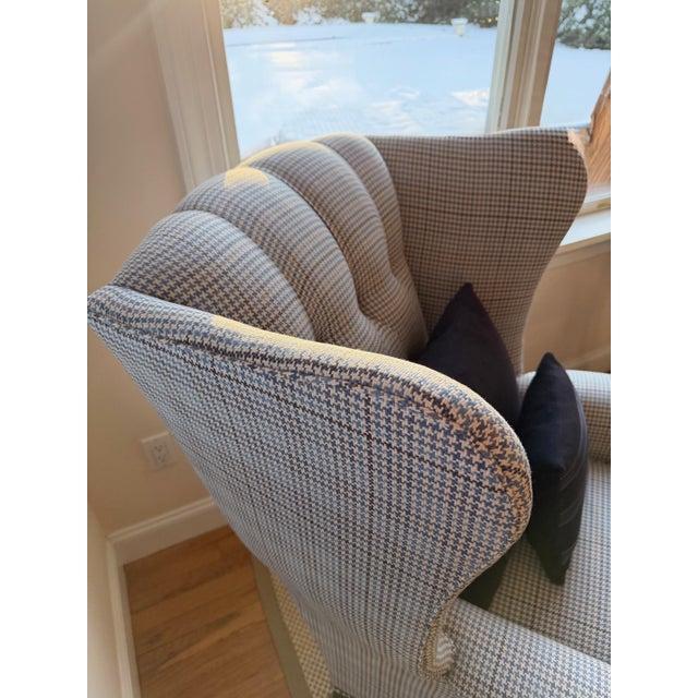 Custom Blue Wingback Chair in Schumacher For Sale In New York - Image 6 of 16