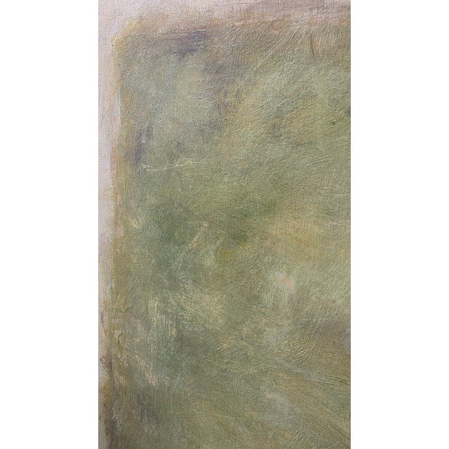 An original abstract painting featuring a serene composition in soft, earthy tones. A muted green upper field meets a warm...