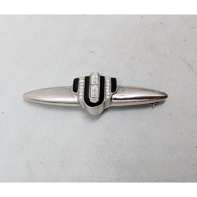 Vintage 1980s Signed Givenchy Art Deco Style Rhodium Black Enamel & Clear Rhinestone Brooch For Sale In Philadelphia - Image 6 of 12