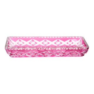 Mid-Century Modern Val Saint Lambert Pink Crystal Cut and Etched Vanity Tray For Sale