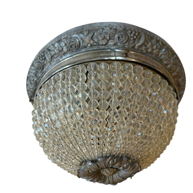 Late 19th Century Large Crystal Beaded Ceiling Light With Original Botanical Spelter Holder For Sale - Image 4 of 6