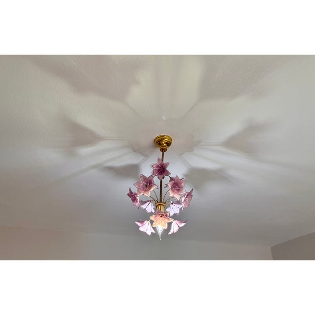 Vintage Italian Murano Style Hand-Painted Pink Floral Pendant Light, Romantic Glass Blossom Chandelier, Dramatic Ceiling Shadow Display For Sale - Image 4 of 17