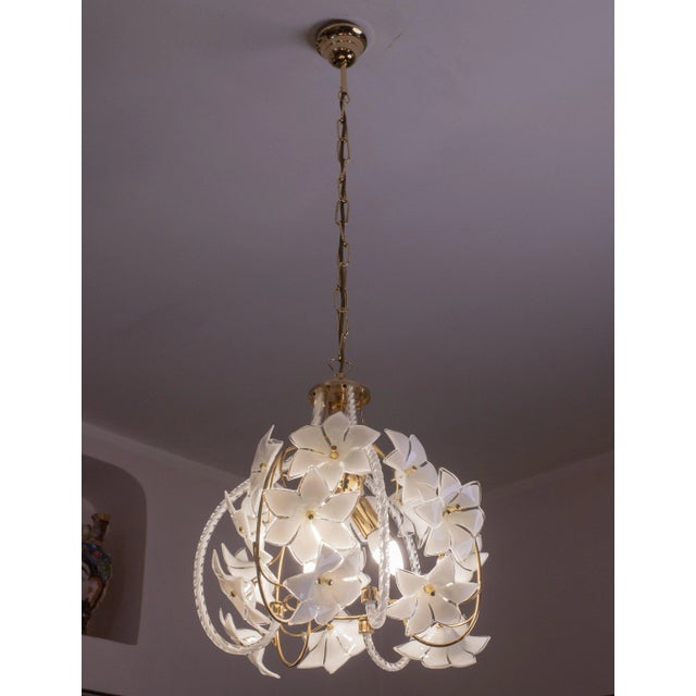 Glass Murano Spherical Chandelier Full of White Flowers, 1980s For Sale - Image 7 of 13