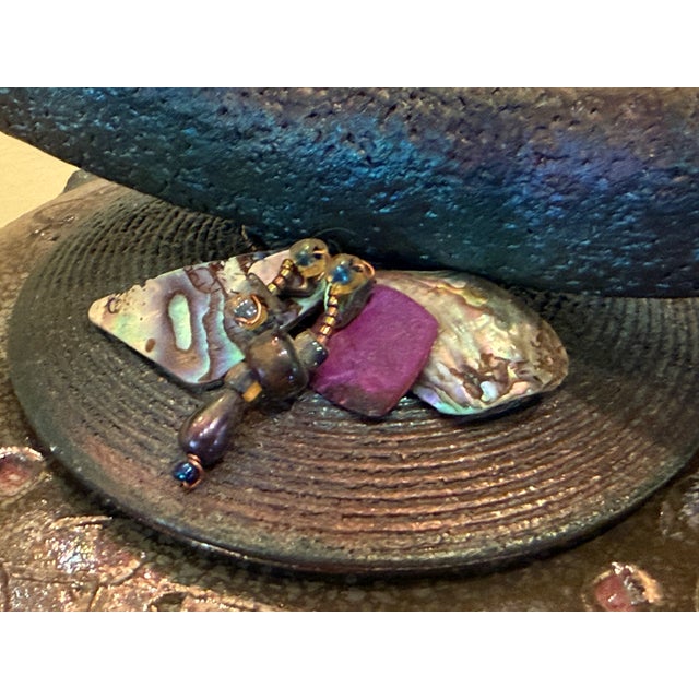 Exquisite Signed "Ryon" Large Studio Art Raku Lidded Vessel With Ceramic Branch-Like Handle With Decorative Jewel Adornment - Vintage For Sale - Image 4 of 12