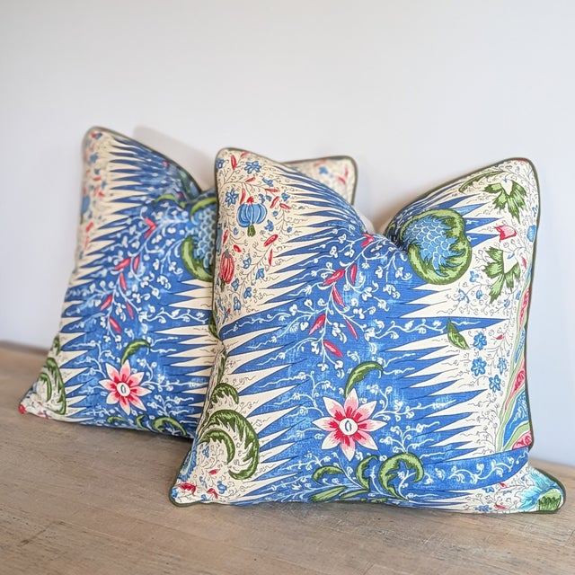 Quadrille Les Indiennes Pillows in Blue, Rouge and Green With Green Cord For Sale - Image 4 of 6