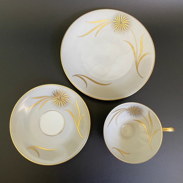 Art Deco Edelstein Bavaria 18258 Heavy Gold Gilt Flower Tea Set Trio - Teacup, Saucer and Plate For Sale - Image 3 of 13
