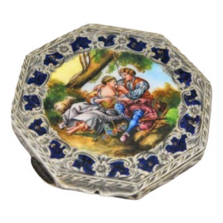 Silver Pill Box with Romantic Figure Engraving For Sale