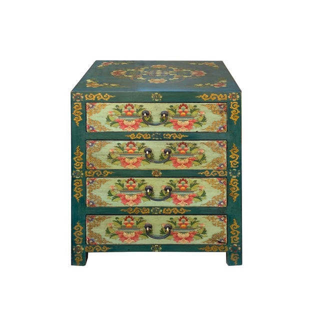 2020s Distressed Teal Green Blue Flowers Graphic 4 Drawers End Table Nightstand For Sale - Image 5 of 7