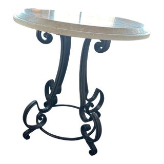 End Table With Wrought Iron Base and Travertine Marble Top. For Sale