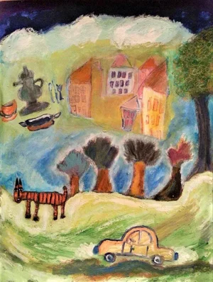Original Expressionist Acrylic Painting on Canvas, "Traveling in the Land of Fairytales"