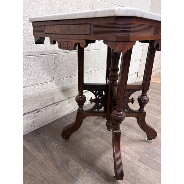 Antique Victorian Eastlake Renaissance Revival Marble Walnut Center Parlor Table For Sale - Image 9 of 13