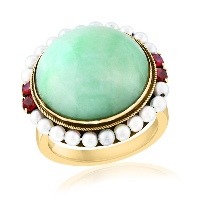 Vintage Natural Jade Earring & Ring Set + Natural Pearls, 14 K Yellow Gold 48 Gm For Sale - Image 12 of 18