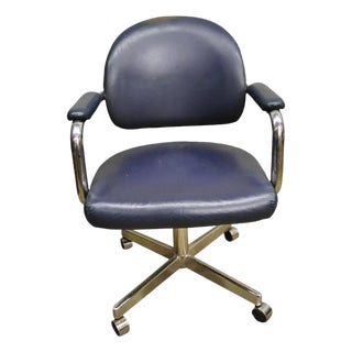 Vintage Chromcraft Mid Century Modern Blue Vinyl Rolling Office Desk Chair (B) For Sale