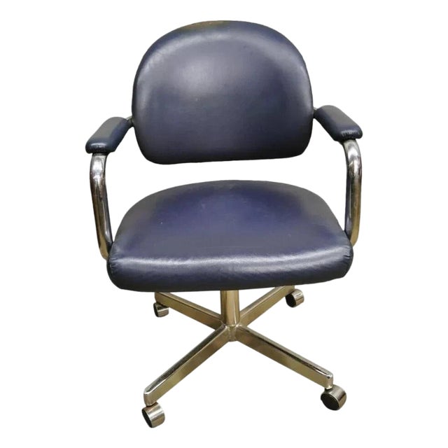 Vintage Chromcraft Mid Century Modern Blue Vinyl Rolling Office Desk Chair (B) For Sale