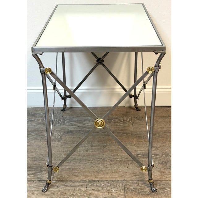 Maison Jansen Style French Neoclassical Steel & Brass Mirrored Gueridon Table For Sale - Image 10 of 13