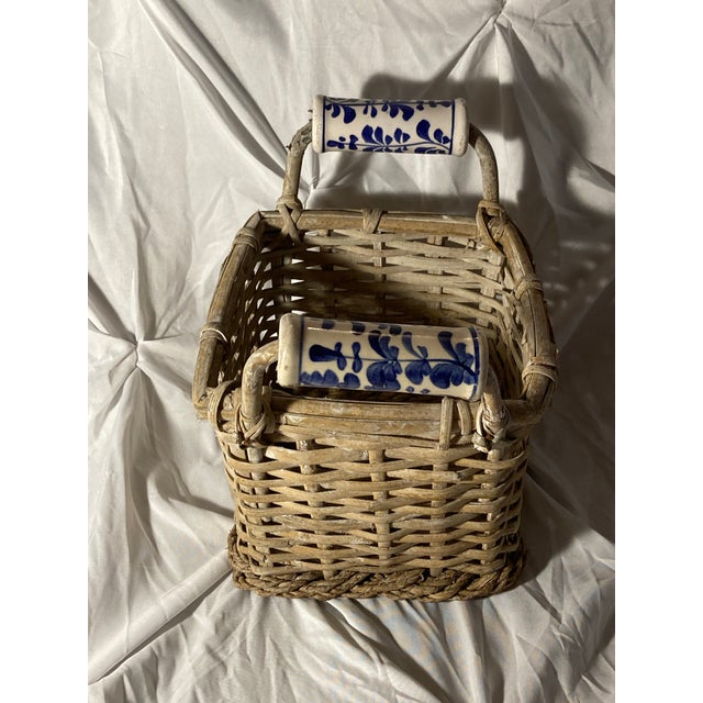 1910s Antique Basket With Delft Ceramic Handmade Basket. For Sale - Image 10 of 12