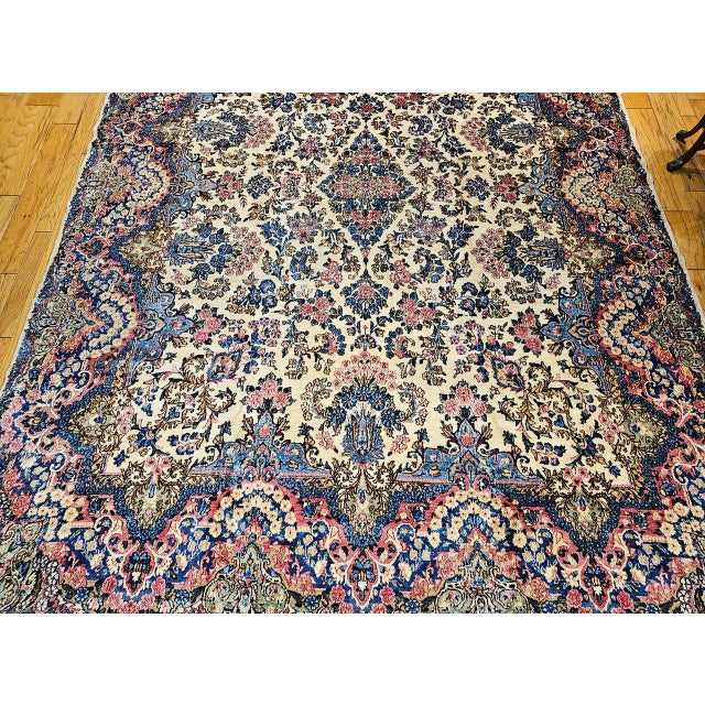 Textile Vintage Persian Kerman Rug, Hand-Knotted Wool, Allover Floral Pattern, Ivory & Blue, 9x12 For Sale - Image 7 of 17