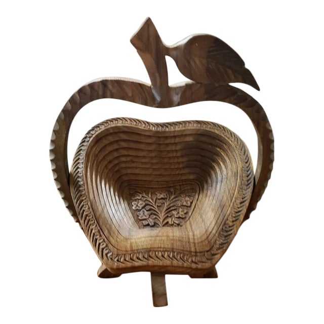 Vintage Handmade Collapsible Wooden Apple Shaped Basket For Sale