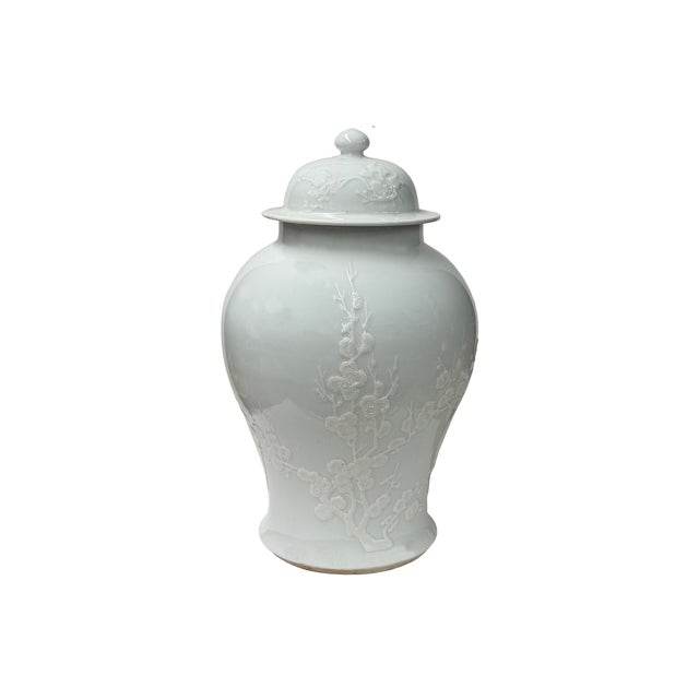 Art Deco White Monochrome Round Relief Floral Motif Ceramic General Temple Jar For Sale - Image 3 of 14