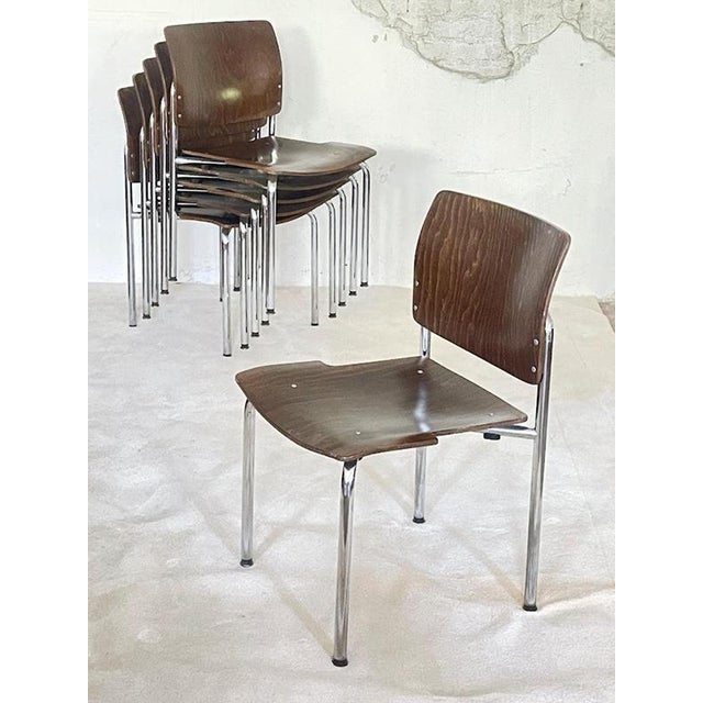 Vintage Plywood and Chrome Stacking Chairs from Kusch + Co., Germany, 1970s, Set of 4 For Sale - Image 4 of 11