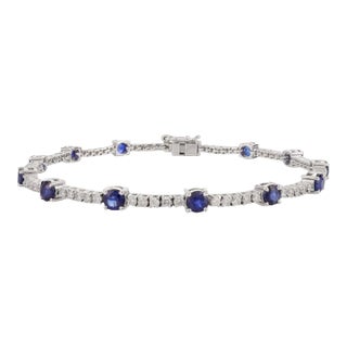 Classic 3.57ct Natural Sapphire Diamond Tennis Bracelet in 18k Solid Gold For Sale