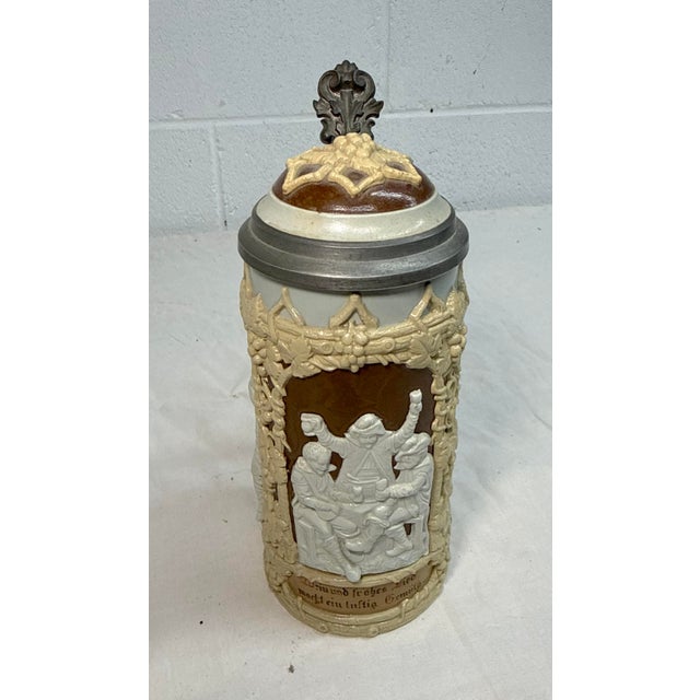 Antique 1800's German Mettlach Villeroy Boch Pottery Pewter Lidded Beer Stein For Sale - Image 12 of 14