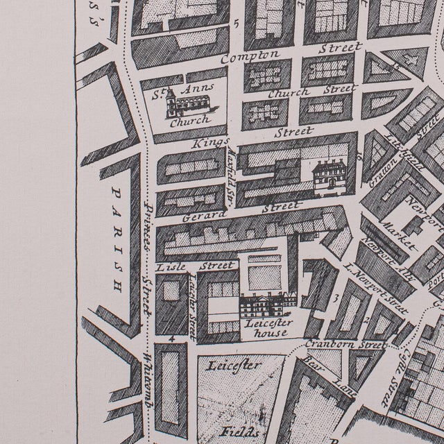 Blue Vintage Framed 18th Century Street Map, London, West End, Soho, Leicester Square For Sale - Image 8 of 10