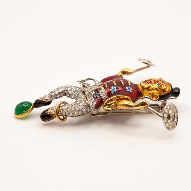 Metal 1970s Vintage 18k Yellow Gold Diamond Enamel Juggler Brooch For Sale - Image 7 of 9